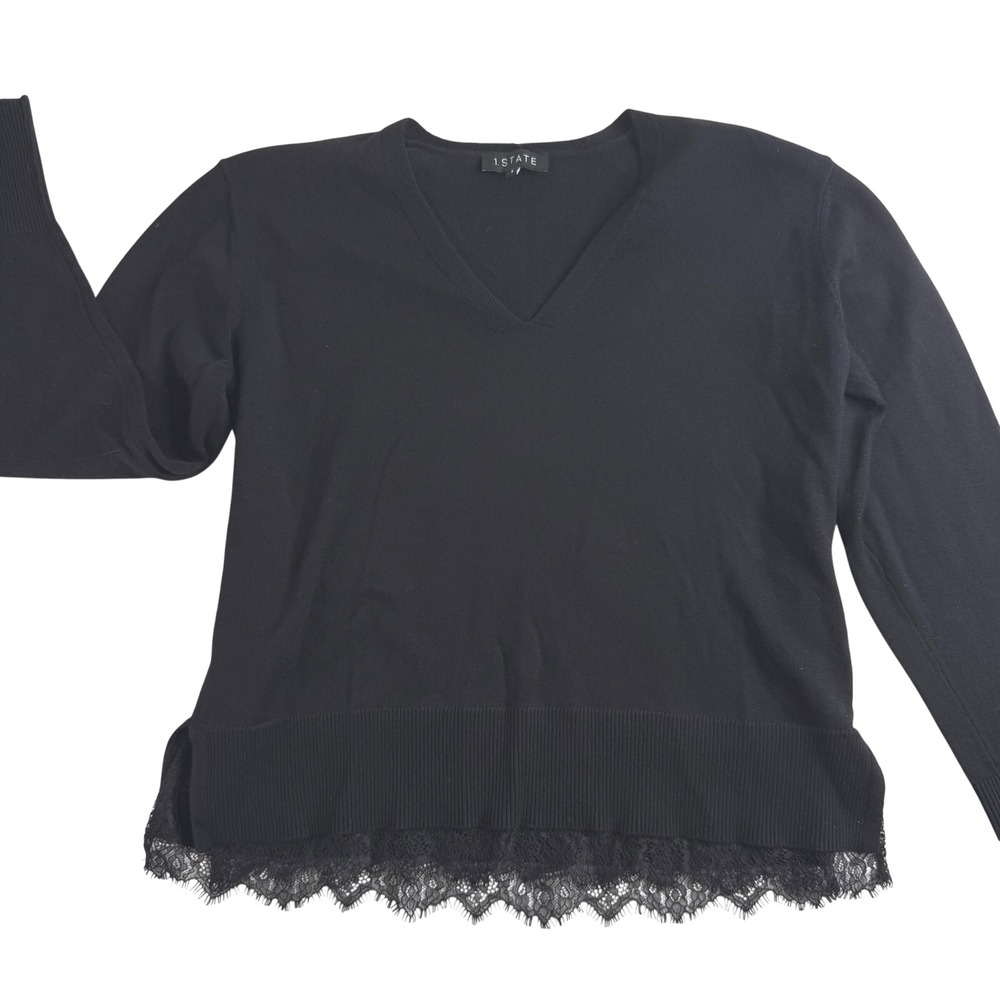 1.STATE Black V-Neck Lace Trim Sweater Size Small Long Sleeve Cotton Blend Top
